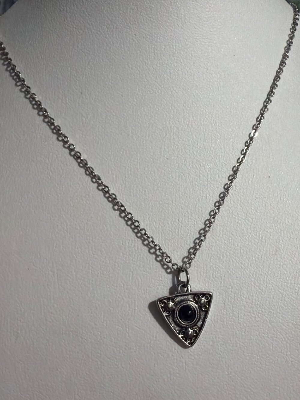 Triangle Pendant Necklace Black Centerpiece Cabochon Silver Tone Adj 21"